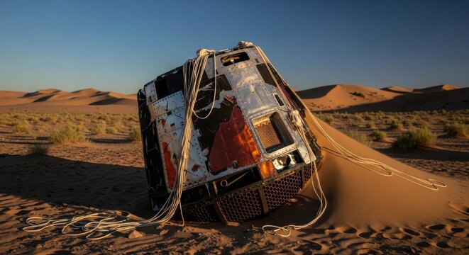 Damaged space capsule rests abandoned in the middle of a vast desert landscape.