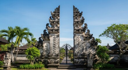 Fototapeta premium Traditional ornate stone gate stands as an entrance to a historic tropical temple courtyard under a clear blue sky.