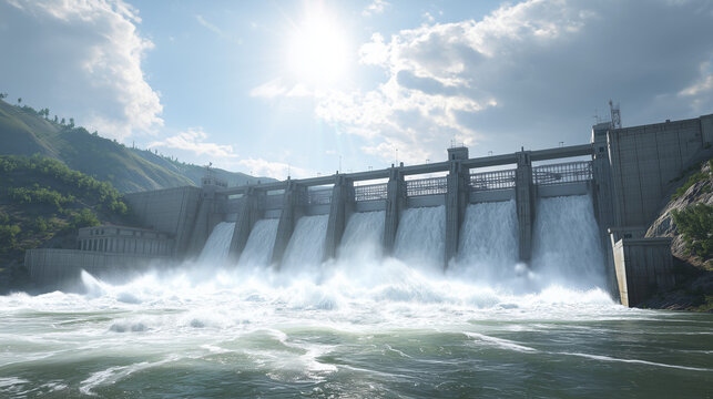 Hydroelectric dam releasing water with strong flow, renewable energy concept, industrial structure with sunlight and dynamic river movement.