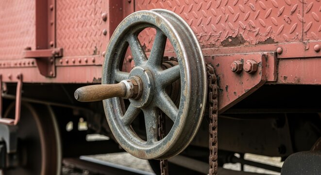 Rusty handbrake wheel is attached to the side of a weathered metal freight car.
