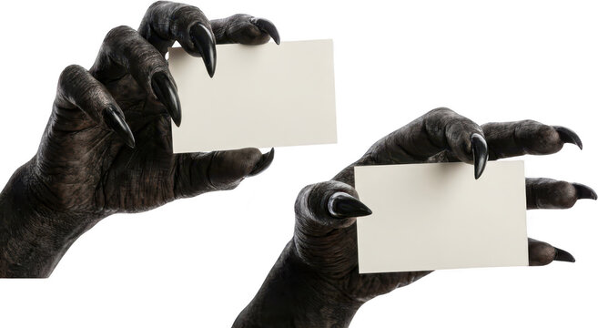 Two monstrous clawed hands holding blank white business cards emphasizing supernatural or frightening communication monster hand graphic concept scary horror creature evil