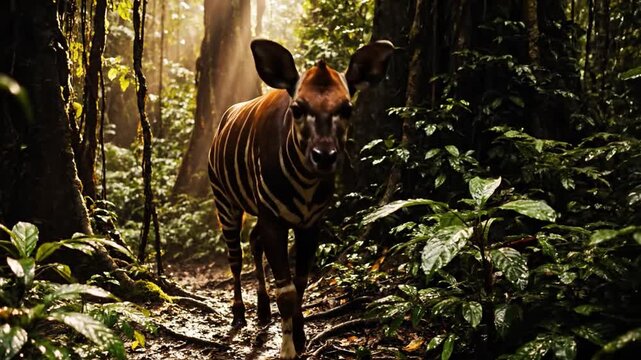 Okapi with striking zebra-like legs in a lush rainforest