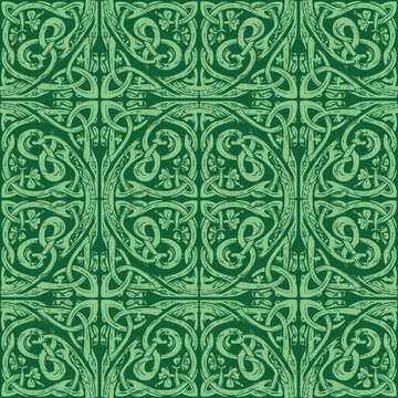 Seamless green Celtic knot and shamrock pattern