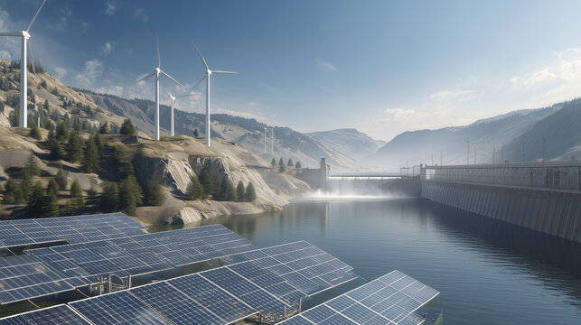Solar panels and wind turbines near a dam in mountain valley, clean renewable energy landscape with sustainable power generation and modern green technology.