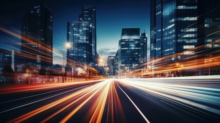 Fototapeta premium Light trails on the modern building background. Light trails at night in urban environment, Abstract Motion Blur City, traffic, transportation, street, road, speed