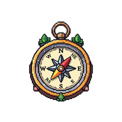 A detailed pixel art vector of a vintage compass featuring gold accents, green leaves, and colorful directional markings on a white background. © Nabila