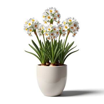 Beautiful large clusters of white and yellow paperwhite narcissus in a ceramic pot