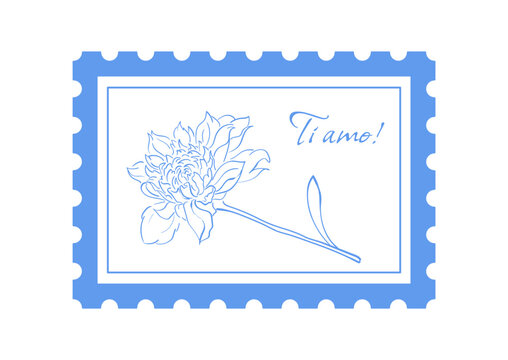 Romantic coquette flower doodle stamp art. Delicate ink line sketch with blue outline and whimsical hand drawn flower. Cute frame for card and social media post as minimalist vintage icon style