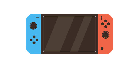 Modern flat handheld videogame console sticker with portable gadget and y2k controller. Video game device as colorful electronic equipment, ideal for game and technology themes, in blue red. © Moonnoon