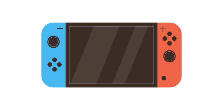 Modern flat handheld videogame console sticker with portable gadget and y2k controller. Video game device as colorful electronic equipment, ideal for game and technology themes, in blue red.