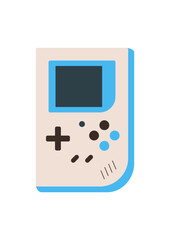 Retro portable videogame console sticker in flat cartoon graphic style. Fun gadget device with joypad, game video screen. Colorful item for gamer patch or playful children badge illustration. © Olga Teplova