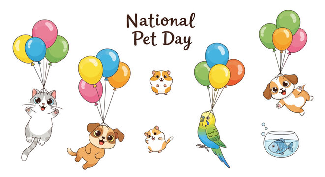 A whimsical vector illustration celebrating National Pet Day showcases a collection of charming cartoon animals, including a cat, dogs, a hamster, and a parakeet, joyfully floating