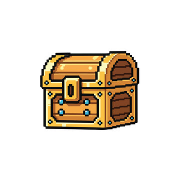 The image shows a gold-trimmed, brown wooden treasure chest in a pixel art style, featuring a latch and blue gemstone accents.