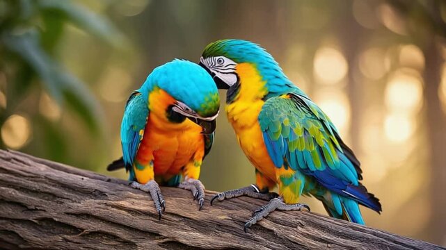 Two vibrant macaws perched together on wooden branch in natural sunlight
