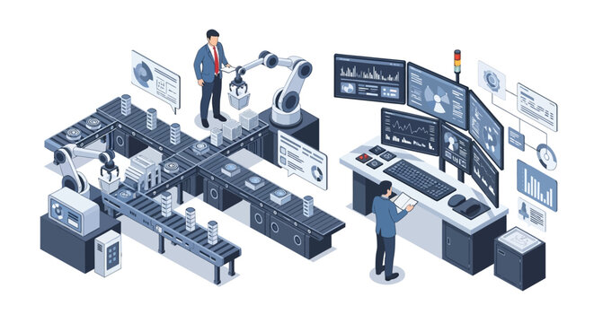 Isometric vector illustration depicting two workers overseeing an automated factory floor, one operating a robotic arm and the other monitoring data on multiple screens, with a cool color
