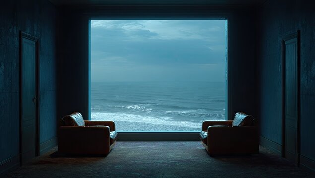 Two empty armchairs face a large window overlooking a vast, dark, turbulent ocean
