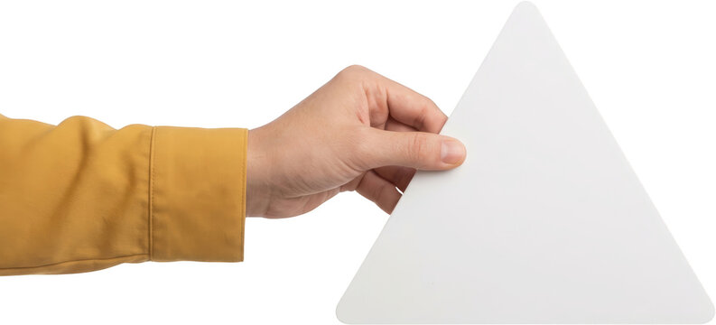 Hand in a yellow shirt holding a large white equilateral triangle with rounded corners seen from the side geometric shape shape object studio isolated clean crisp simple geometric