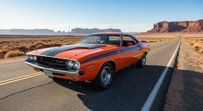 Vintage Orange Dodge Challenger Driving on Desert Road.