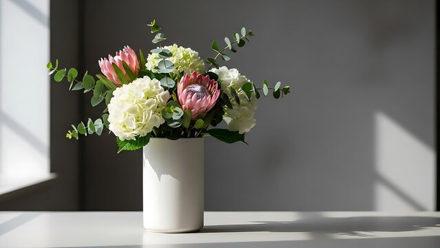Elegant floral display featuring a protea bouquet in a cylinder vase