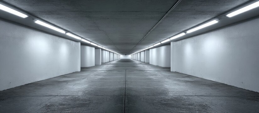 Symmetrical, empty, concrete underpass with bright linear lighting, leading to distant point