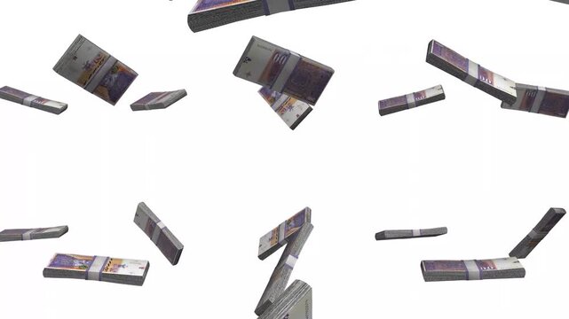 North Macedonia Money, Macedonian Denar Banknotes Falling, MKD Currency Stacks, White Background, 4K