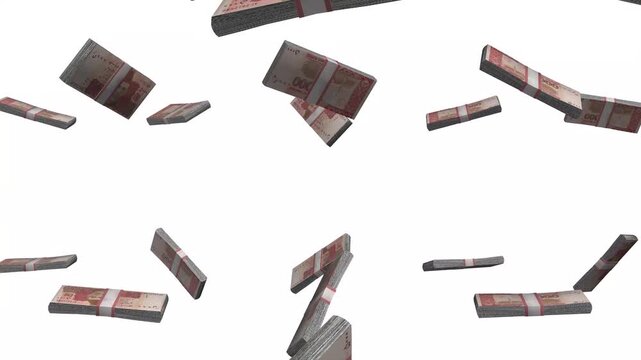 Pakistan Money, Pakistani Rupee Banknotes Falling, PKR Currency Stacks, White Background, 4K