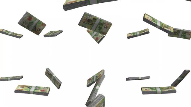 Papua New Guinea Money, PNG Kina Banknotes Falling, PGK Currency Stacks, White Background, 4K