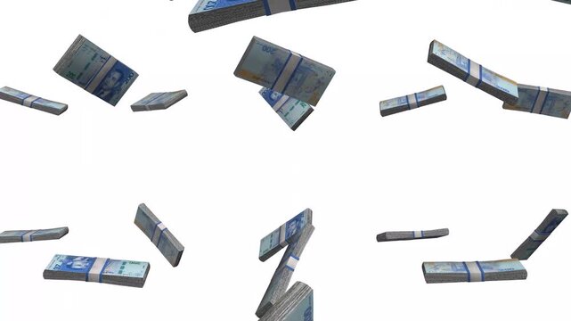 Morocco Money, Moroccan Dirham Banknotes Falling, MAD Currency Stacks, White Background, 4K