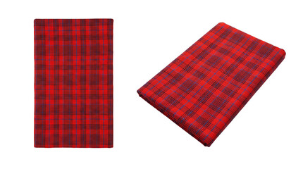 Fototapeta premium Traditional Red Maasai Shuka Plaid Blanket on Transparent Background, Kenyan Checkered Textile for Cultural Designs and Travel Mockups.