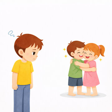 Child feeling left out simple illustration for kids education social exclusion emotion concept
