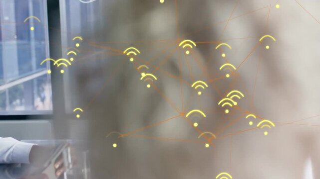 Camera panning revealing VR user testing headset and showing business tech via yellow WiFi overlay