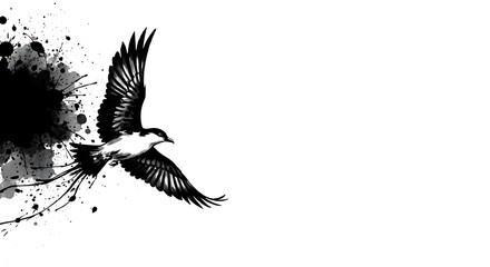Fototapeta premium Dynamic Black and White Bird in Flight with Ink Splatter.