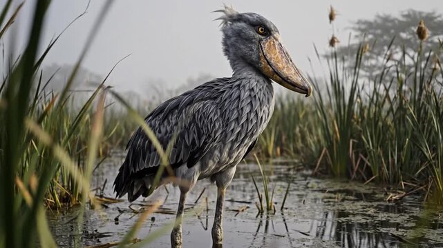 Shoebill Stork Standing in Misty Reedy Wetland