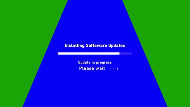 Software update installation progress bar with text Installing Software Updates and Please wait with animated dots on a blue triangular shape against a green background