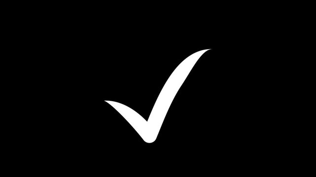 white approved icon, right check mark 4k overlay, select tick mark animation, confirm, success , approved, yes icon signs, right mark icon. check box animation, cheek mark black Background