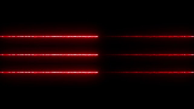 Three horizontal lines of intense bright red light with a distinct pixelated texture are sharply defined against a pure black background, resembling laser beams or digital signals