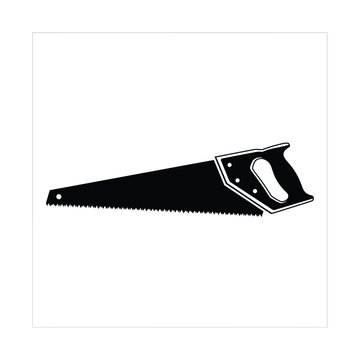 Black and white illustration of a handsaw with serrated edge and ergonomic handle