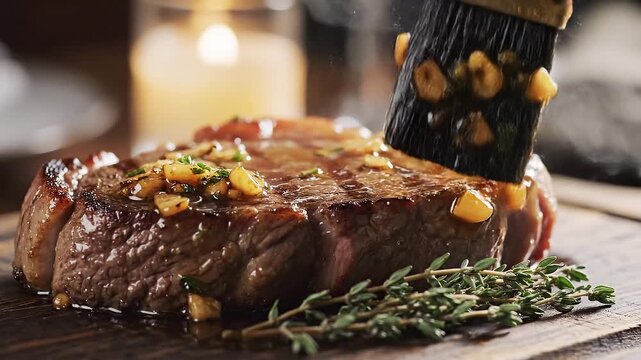 Juicy Steak Being Basted with Delicious Sauce and Herbs.