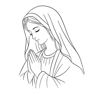 Matka Boska modląca się ze złożonymi dłońmi. Idealna grafika na kartki religijne, dewocjonalia, obrazki modlitewne, zaproszenia komunijne i materiały kościelne.