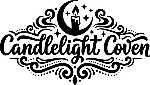 Black and white candlelight coven with crescent moon and decorative swirls