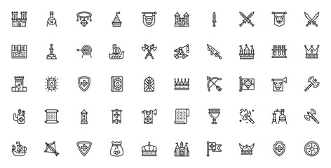 Medieval icon set. Vector illustration pack featuring castle, sword, shield, crown, viking ship, axe, archery, alchemy, treasure and more. Editable stroke. © wang