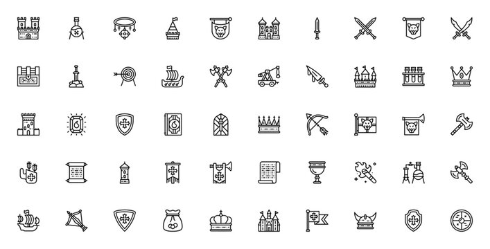 Medieval icon set. Vector illustration pack featuring castle, sword, shield, crown, viking ship, axe, archery, alchemy, treasure and more. Editable stroke.