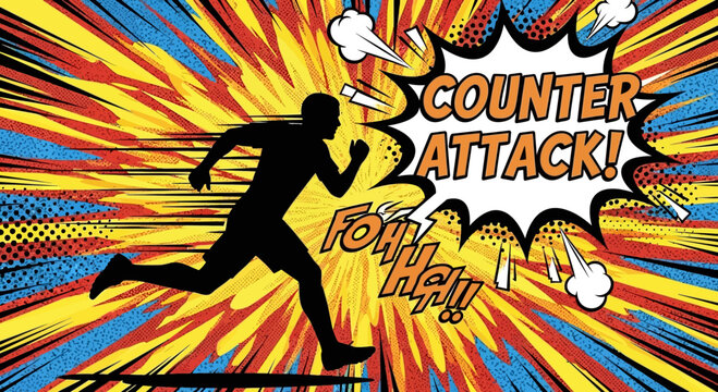 Man Silhouette Running, Comic Book Style, Counter Attack Action