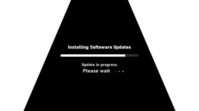 Software update installation progress bar with text Installing Software Updates and Please wait with animated dots on a black triangular shape against a white background
