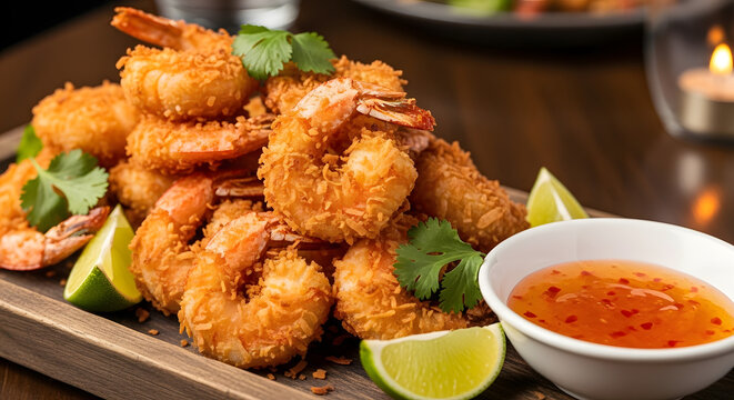 Delicious coconut shrimp with dipping sauce and lime wedges on a wooden board.