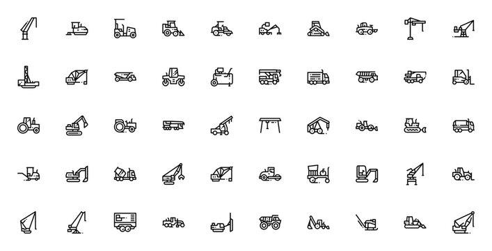 Construction machinery icon set. Vector icons pack. Includes trucking, cranes, cargo, davit and more. Editable thin line illustrations.