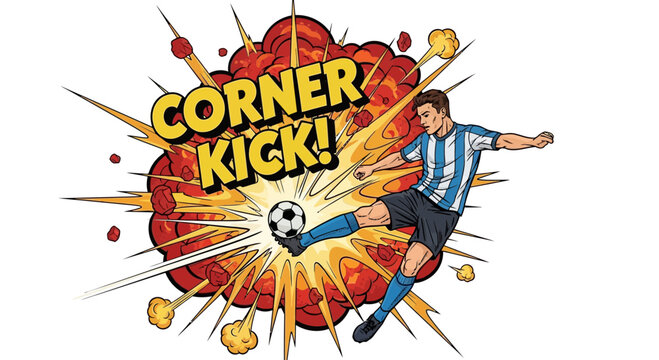 Soccer Player Kicking Ball During Corner Kick with Comic Explosion Effect