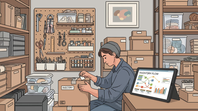 Man diligently packing a box in a storage room setting.