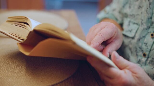 Sunlit hands holding open book, grandma seated at table with straw hat and patterned shirt visible, fingers turning pages, warm afternoon glow, gentle storytelling mood suggesting reading aloud
