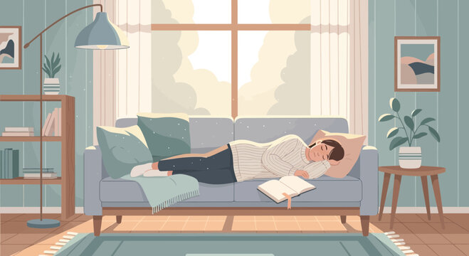 Man resting on a comfortable sofa in a sunlit room.